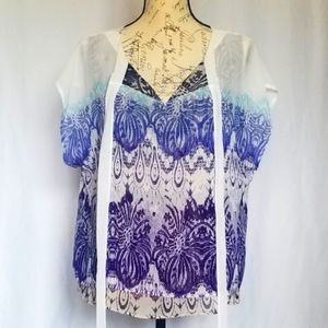 CAbi Geometric Print Flutter Sleeved Chiffon Blouse, Lined, Size M